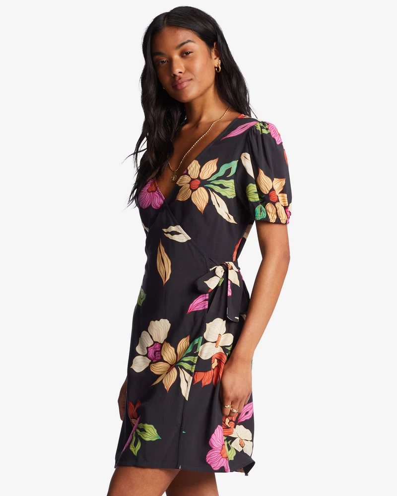 Billabong Hot Tropics Mini Wrap Dress - Black Pebble