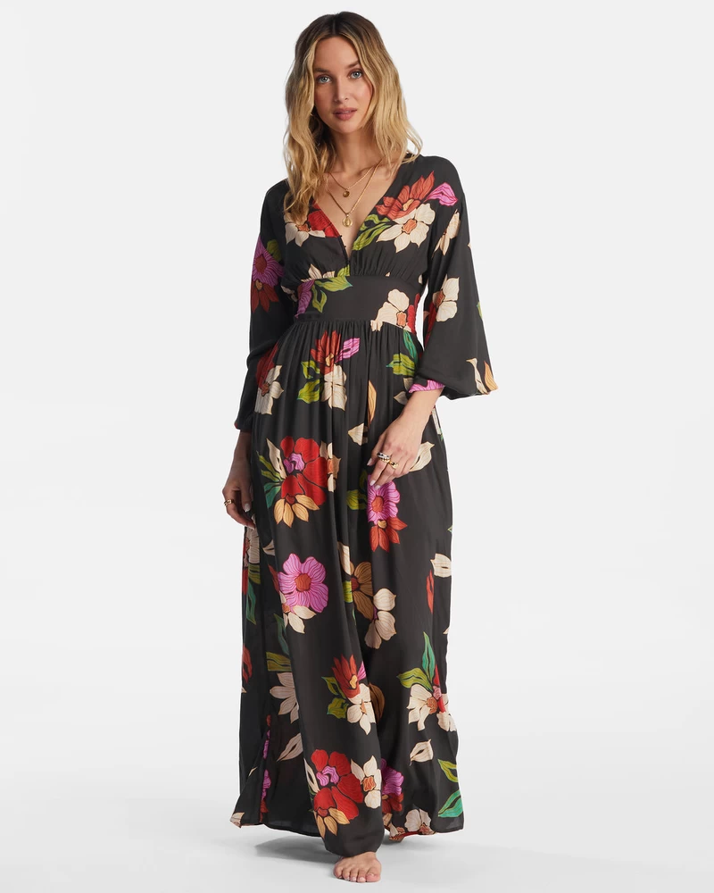 Vestido Maxi Manga Longa Billabong Night Bloom - Black Pebble