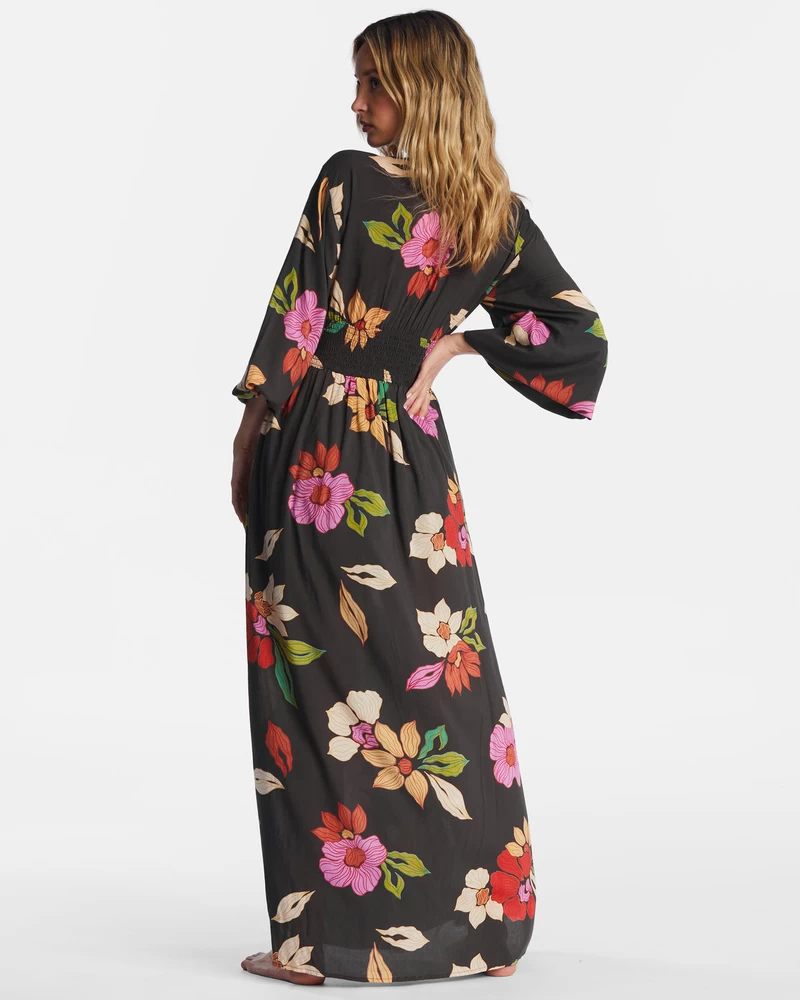 Vestido Maxi Manga Longa Billabong Night Bloom - Black Pebble