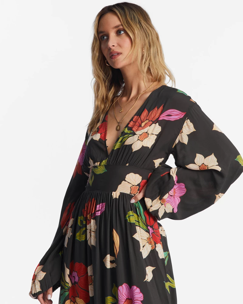 Vestido Maxi Manga Longa Billabong Night Bloom - Black Pebble