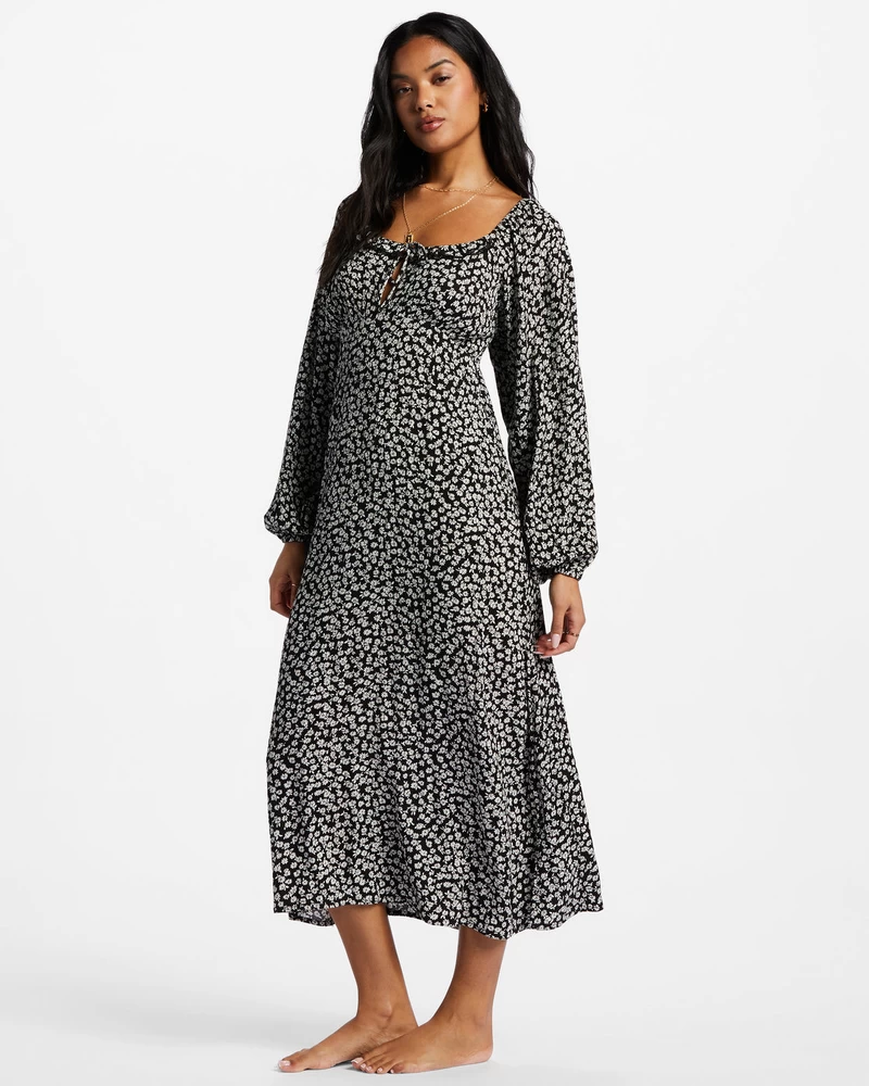 Billabong Better Days Long Sleeve Midi Dress - Black Pebble