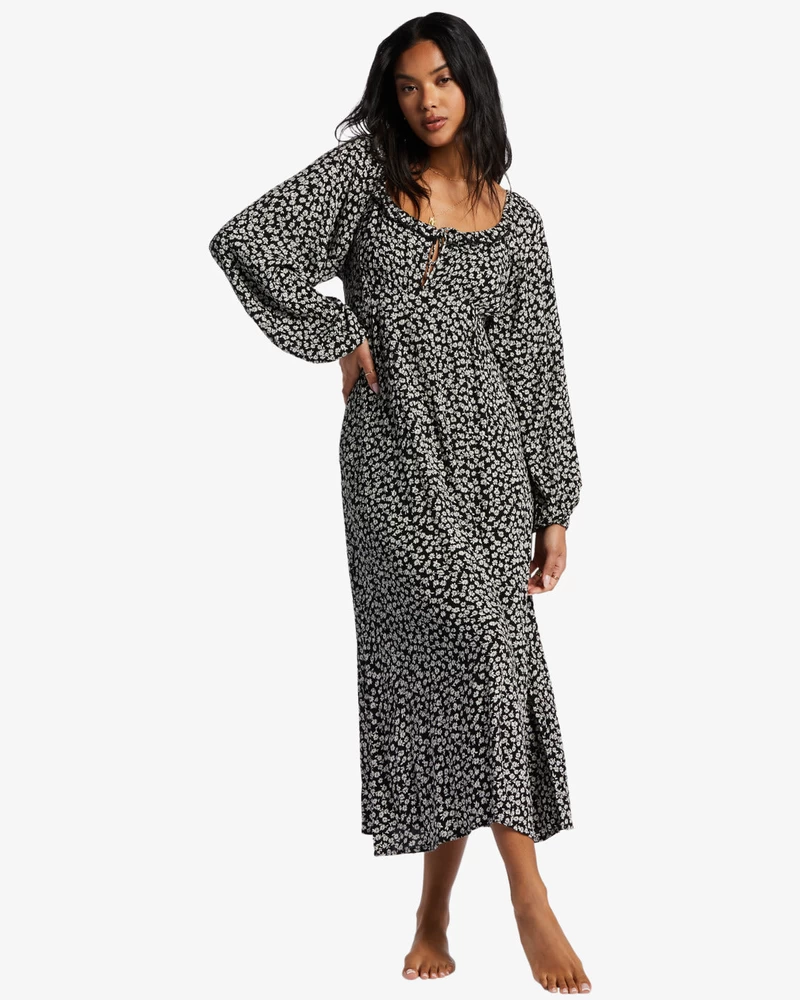 Rochie Midi Billabong Better Days Cu Mânecă Lungă - Pebble Negru
