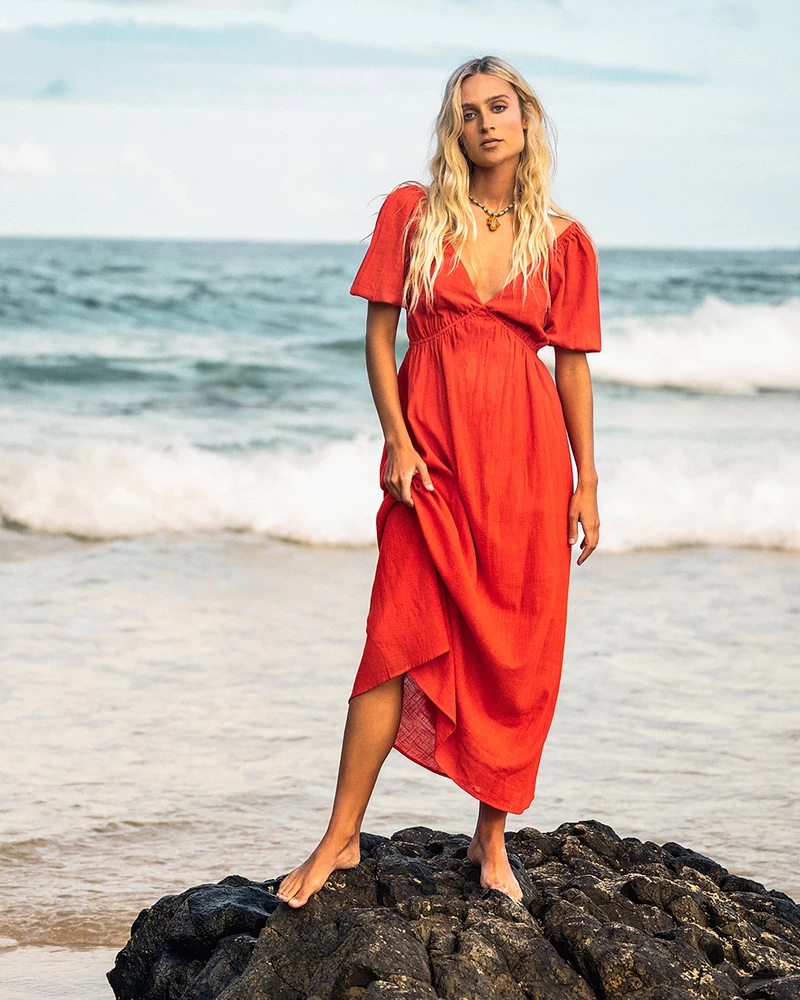 Billabong Love Fade Puff Sleeve Maxi Dress - Sunset Red