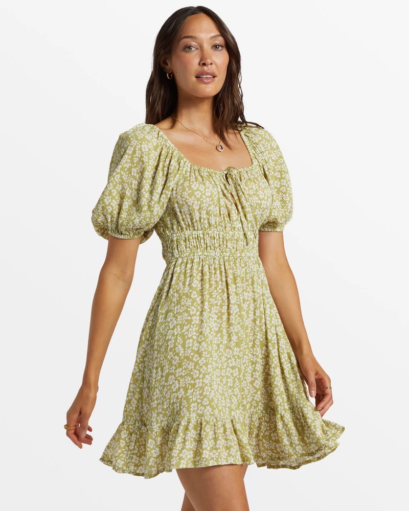 Billabong Cabana Puff Sleeve Mini Dress - Moss Joy