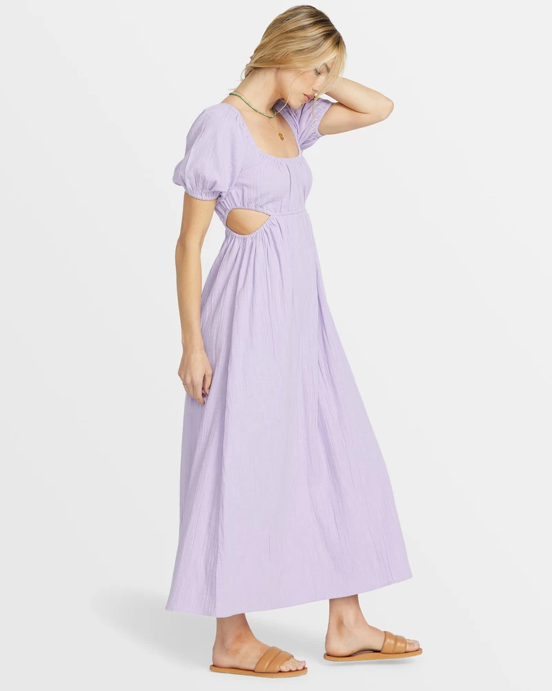 Billabong On The Coast Puff Sleeves Midi Dress - Purple Rose