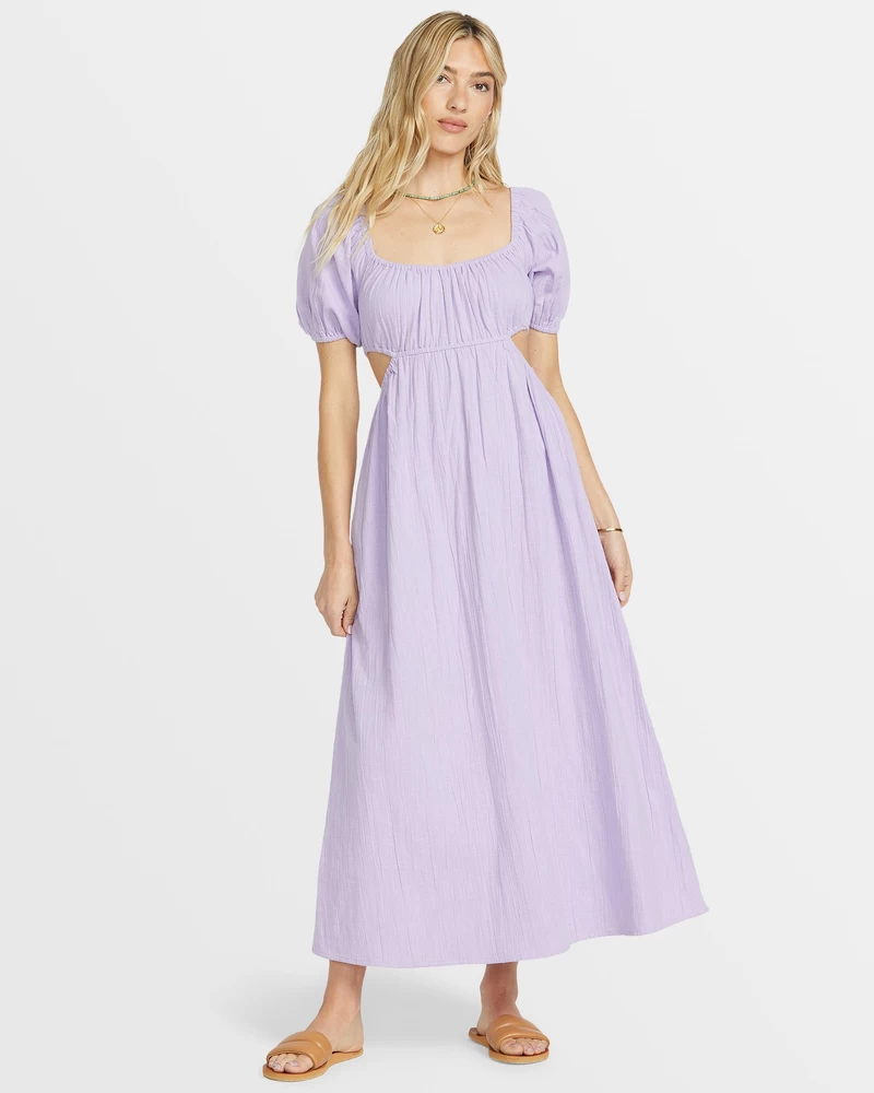 Billabong On The Coast Puff Sleeves Midi Dress - Purple Rose