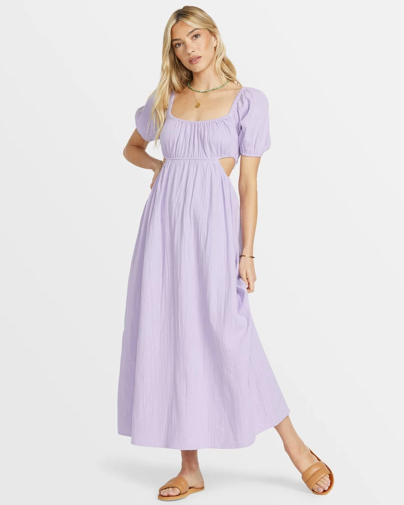 Billabong On The Coast Puff Sleeves Midi Dress - Purple Rose