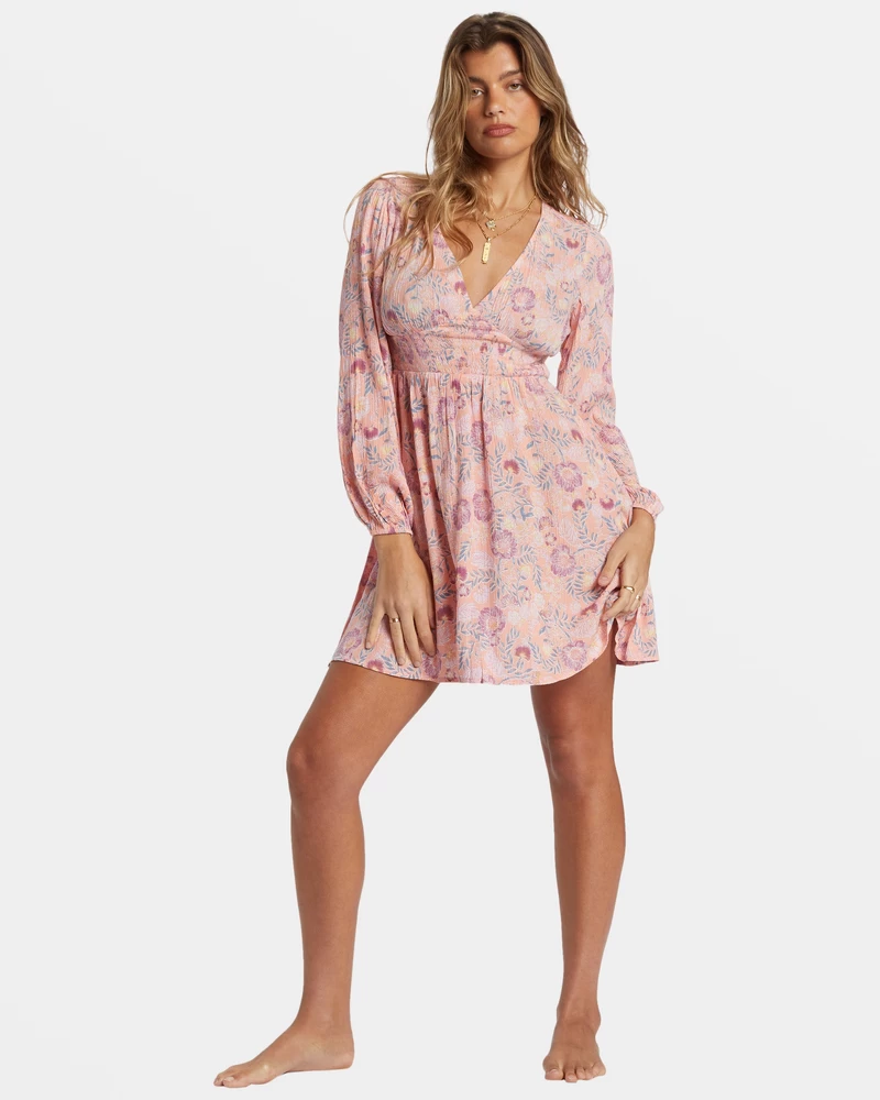 Billabong In Ur Dreams Long-Sleeve Mini Dress - Peach Paradise