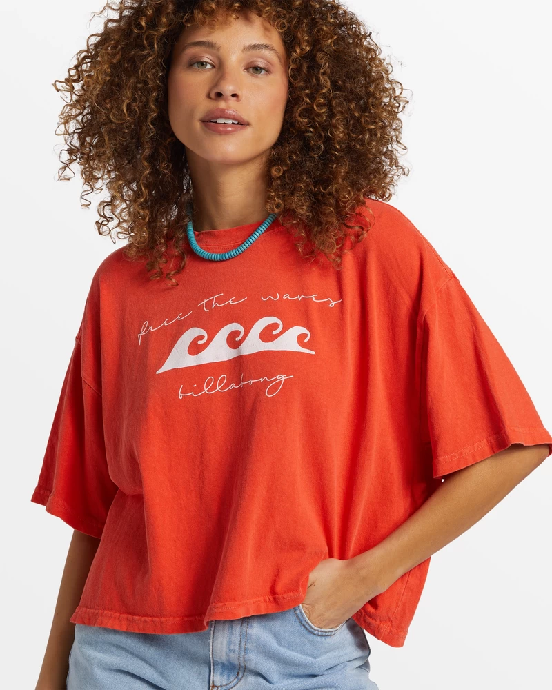 Billabong Hot Fun Cropped Oversized T-Shirt - Sunset Red