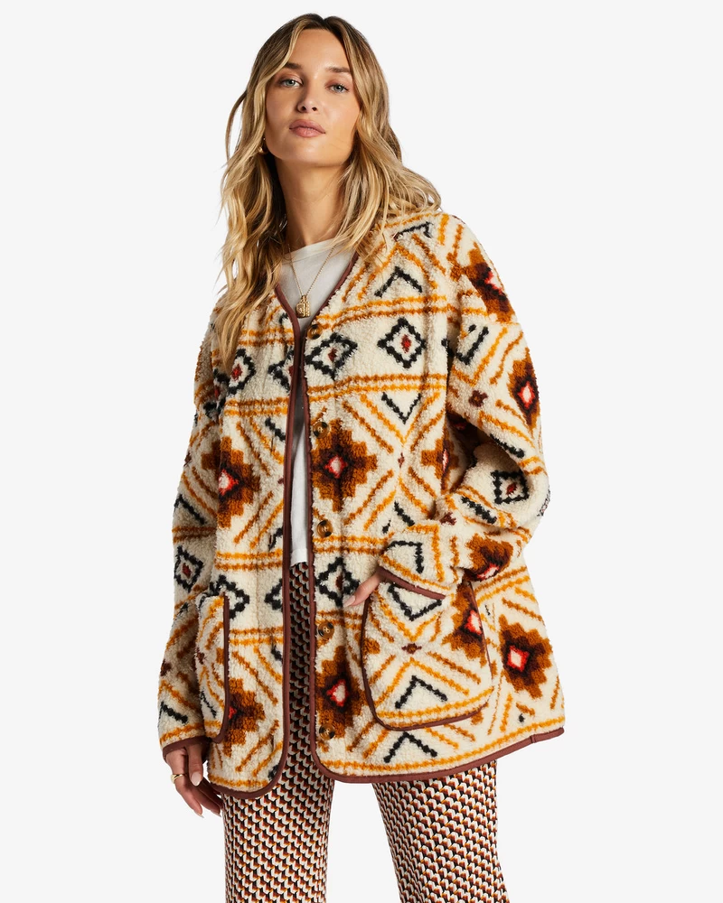 Billabong Fireside Cozy Buttoned Fleece Jacket - White Multi