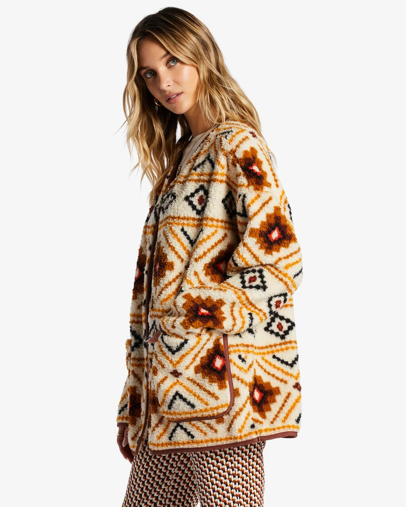 Billabong Fireside Cozy Buttoned Fleece Jacket - White Multi