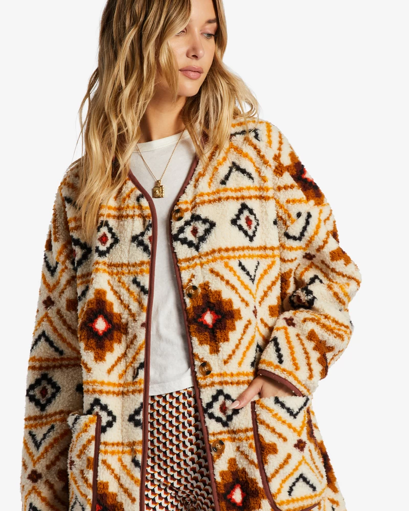 Billabong Fireside Cozy Buttoned Fleece Jacket - White Multi