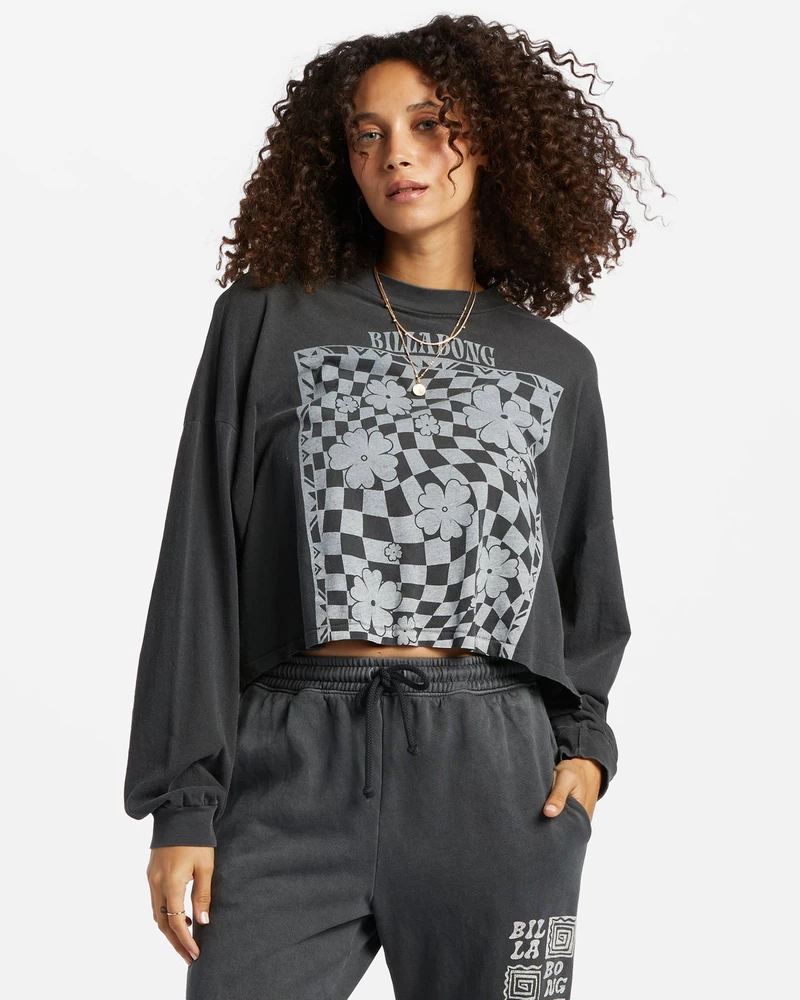Billabong Beach Boyfriend Long Sleeve Crop Top - Black Pebble