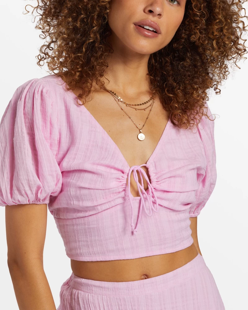 Billabong Tropic Heart Puff Sleeve Crop Top - Pink Dream